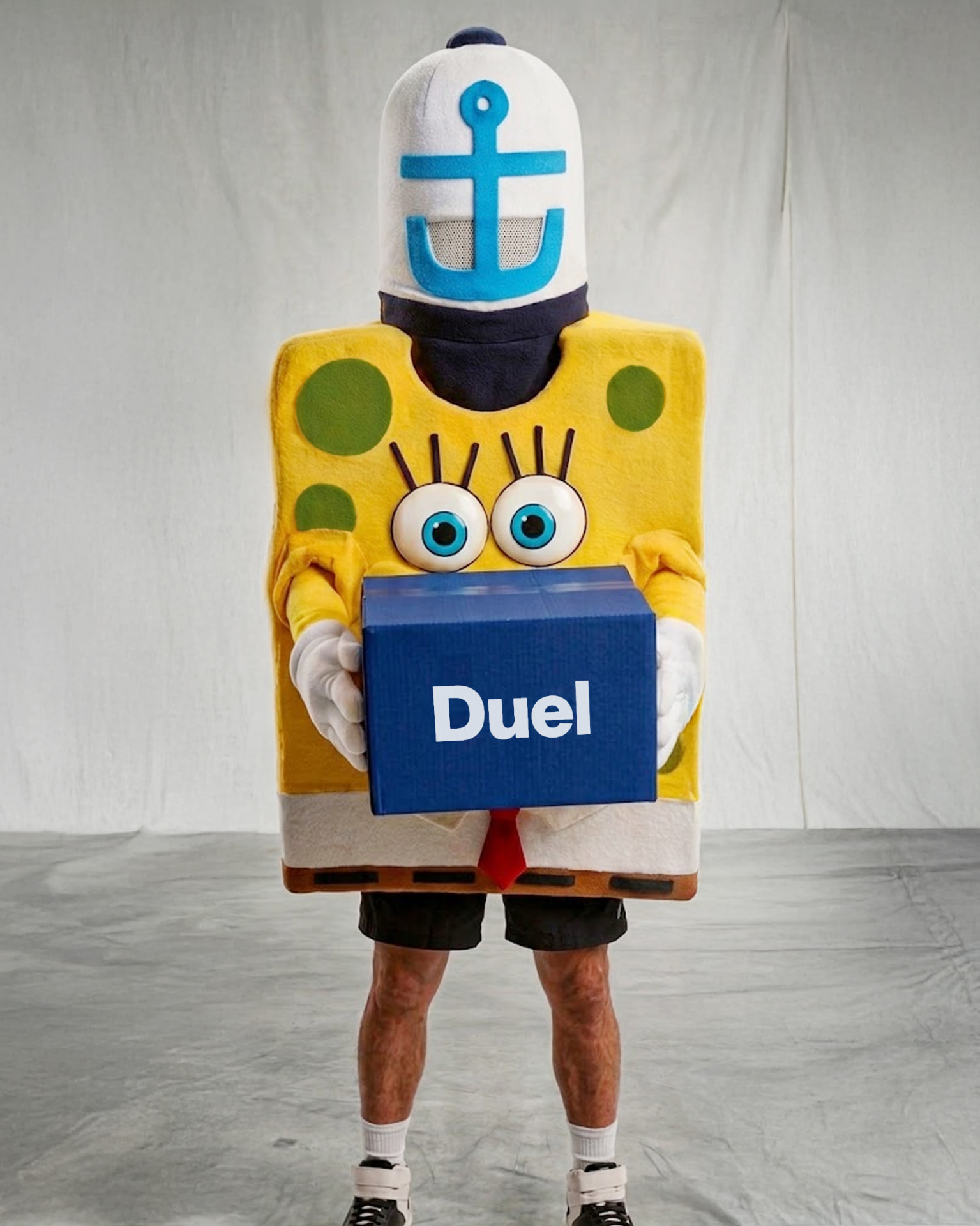 Freakbob's Mysterybox: a full-body yellow rectangular mascot with a white sailor anchor hat, large eyes, and a blue Duel box, standing in a studio